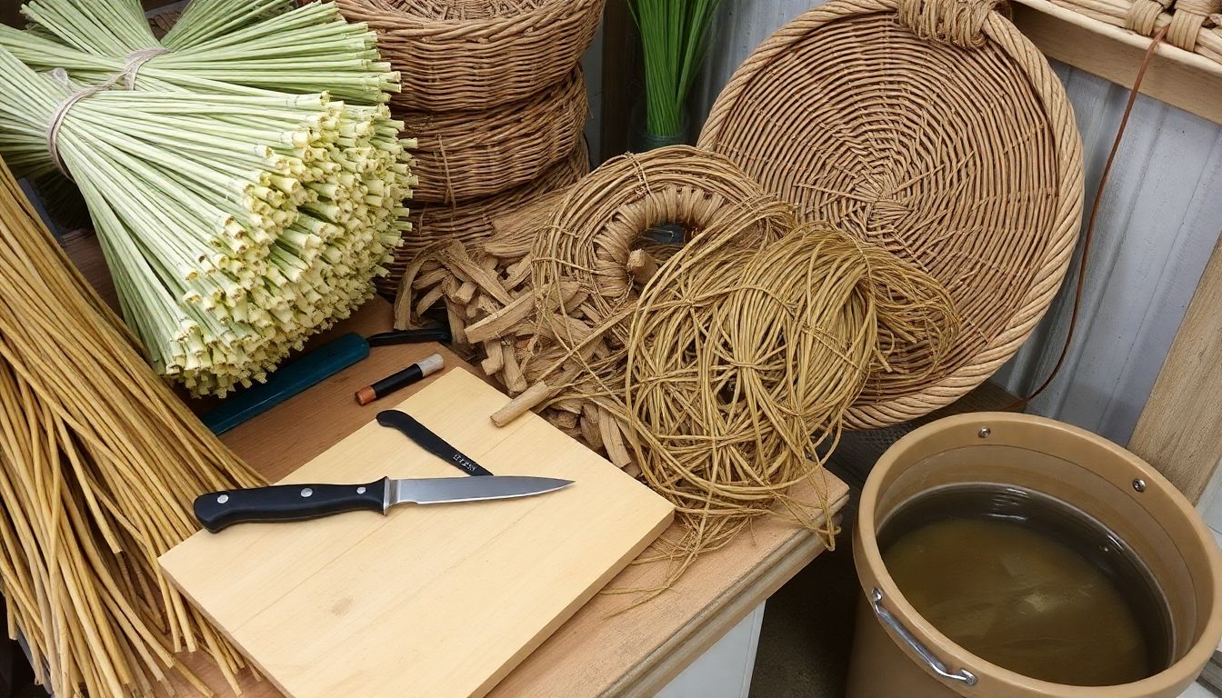 A basket weaver's workspace filled with bundles of prepared materials, tools like a sharp knife and stripping board, and a bucket of soaking materials.