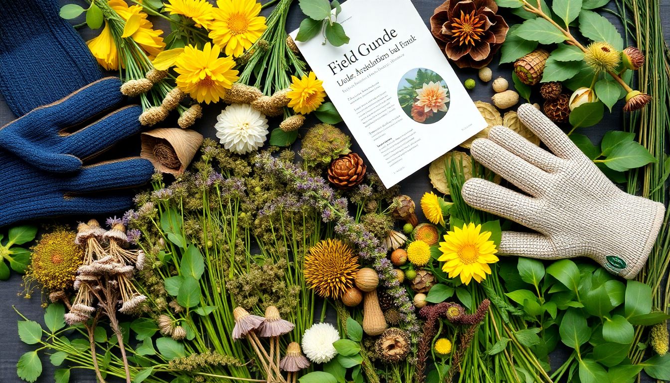 A diverse array of wild plants commonly used for basketry, arranged in a flat lay with a pair of gardening gloves and a field guide.