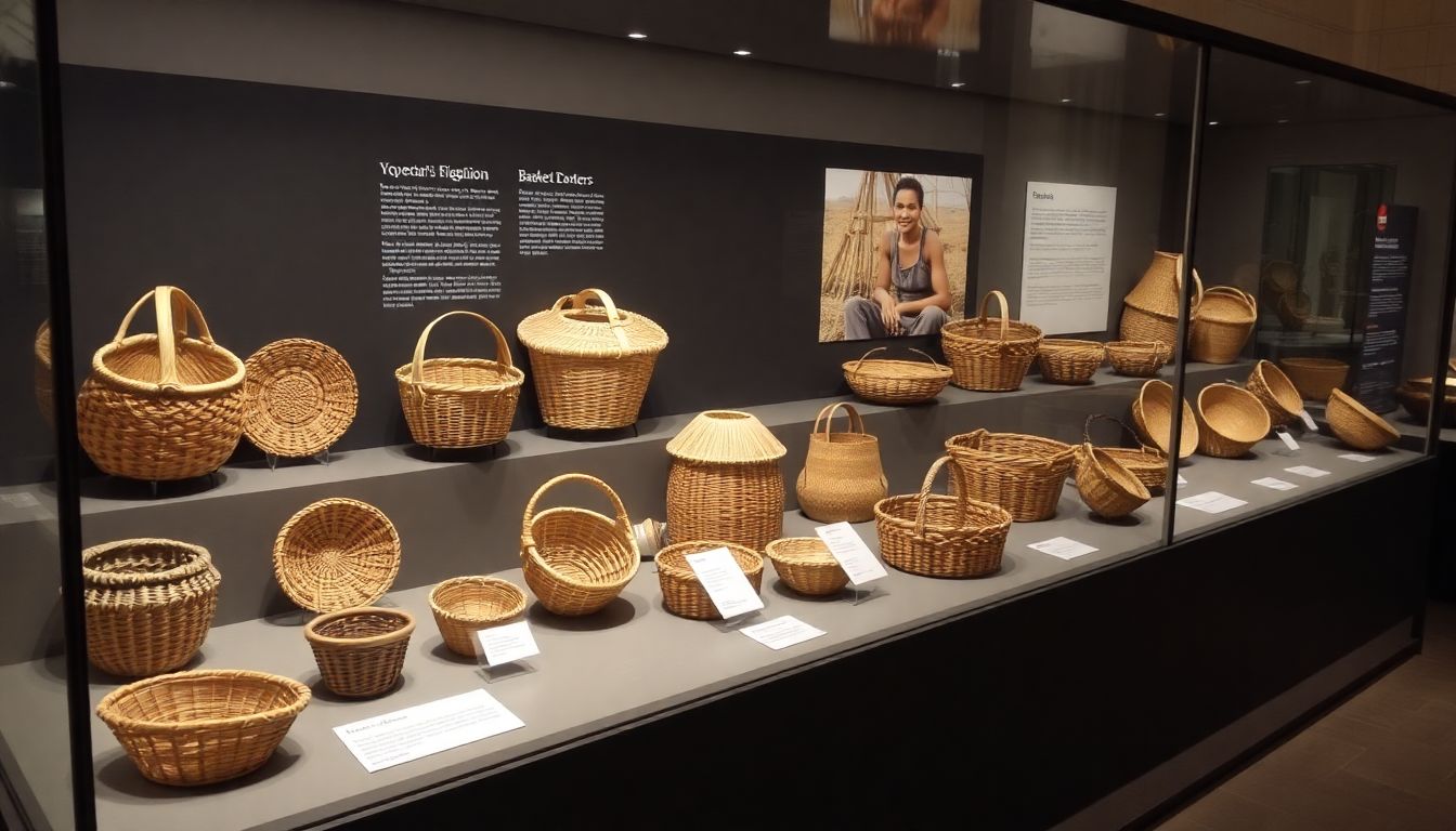 A museum display case filled with historically significant baskets from different cultures, with a photograph of a contemporary basket weaver in the background.