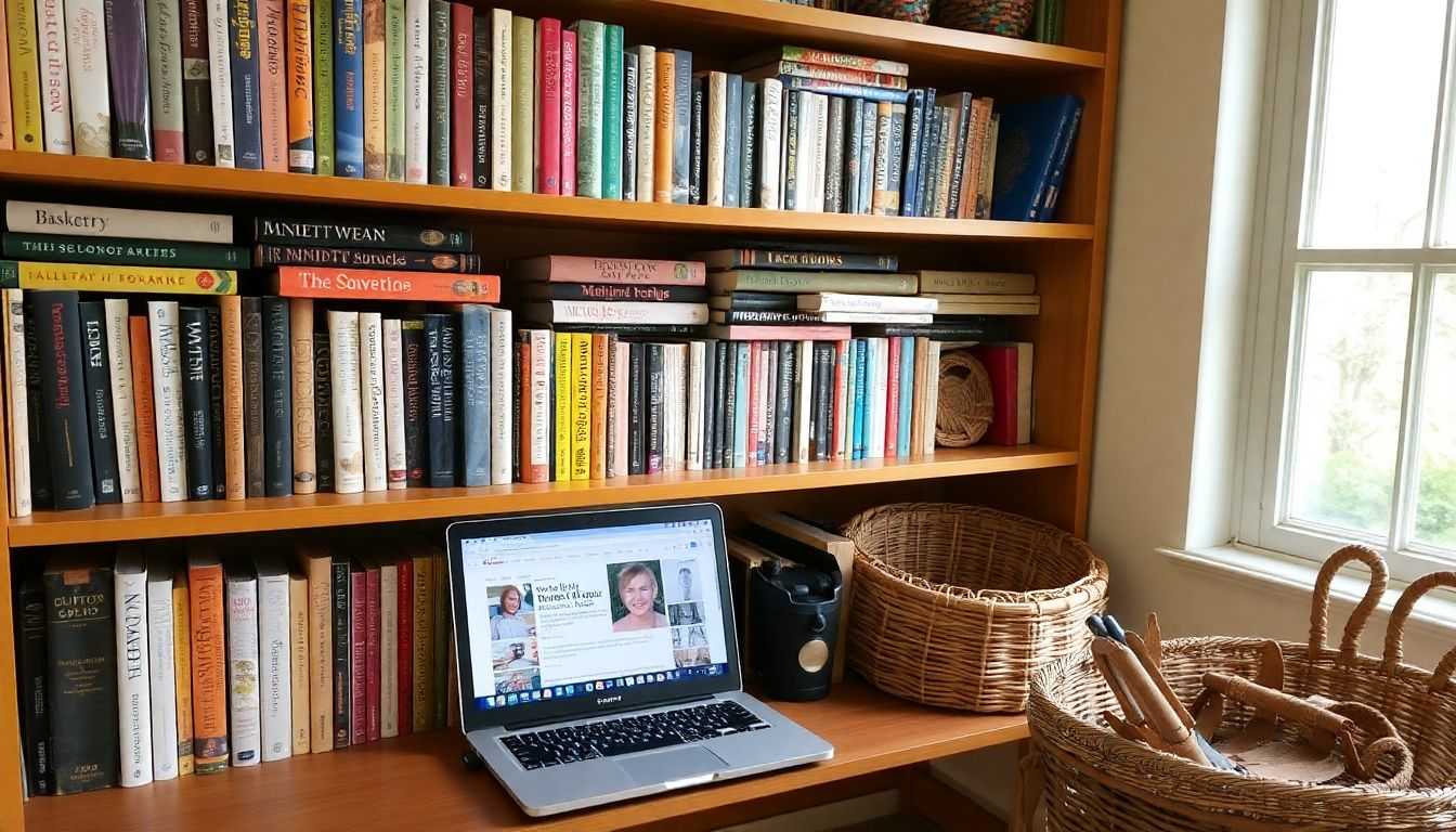 A well-stocked bookshelf filled with basketry books, with a laptop open to a basketry website and a basket weaver's toolkit nearby.