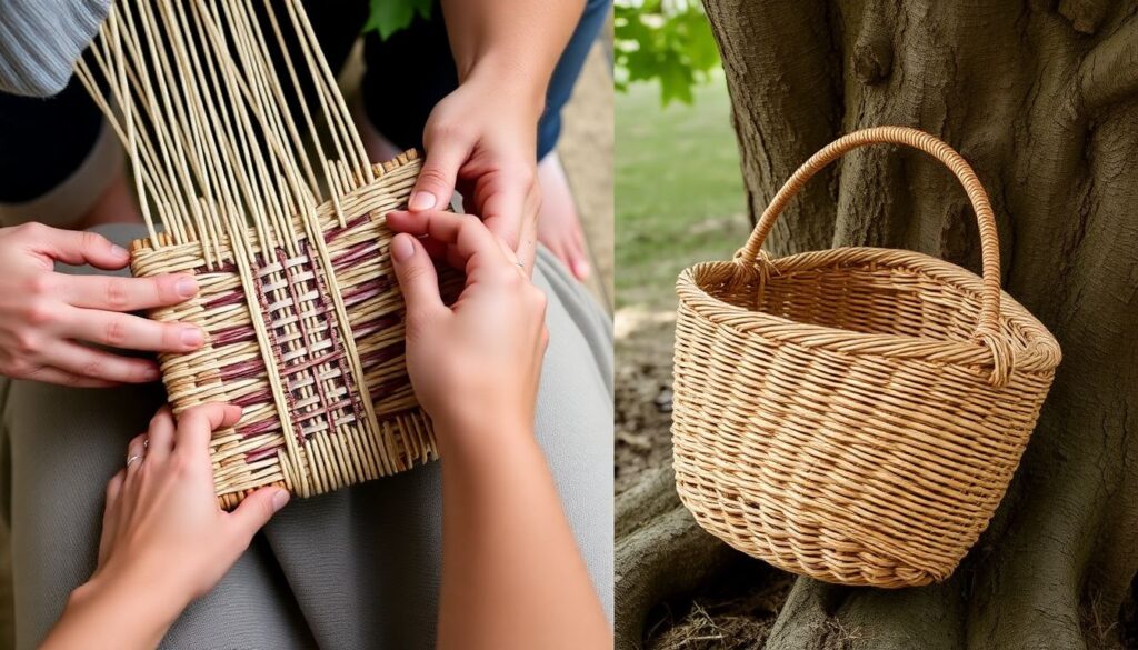 A pair of hands weaving a randed basket, with a close-up of the weaving pattern and a finished basket leaning against a tree.