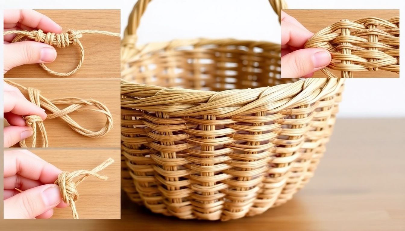 A series of close-up photographs showcasing different basketry techniques in progress, with a finished basket in the background.