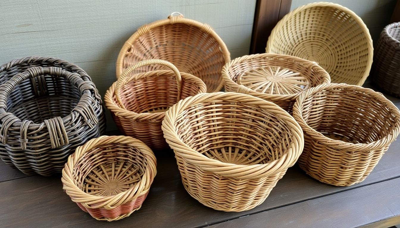 A variety of intricately woven baskets showcasing different advanced techniques, arranged on a rustic wooden table.