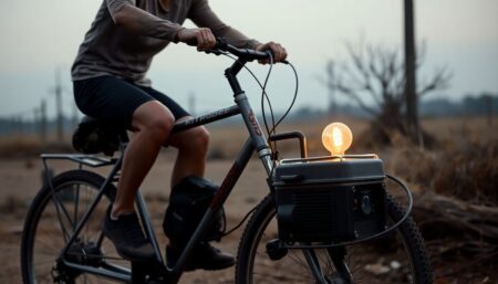 A cyclist pedaling a bicycle connected to a generator, with a light bulb illuminated by the generated electricity in the background, all set in a post-apocalyptic or off-grid scenario.