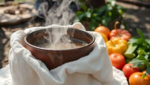 A close-up of a traditional zeer pot, surrounded by wet cloths, placed in a shady, breezy outdoor setting, with fresh fruits and vegetables nearby.