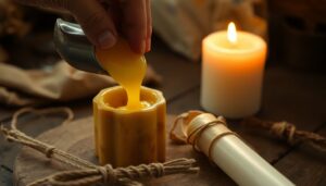 A close-up shot of a hand pouring molten tallow into a makeshift mold, with a beeswax candle burning in the background, and improvised wicks made from twine and cloth strips lying nearby.