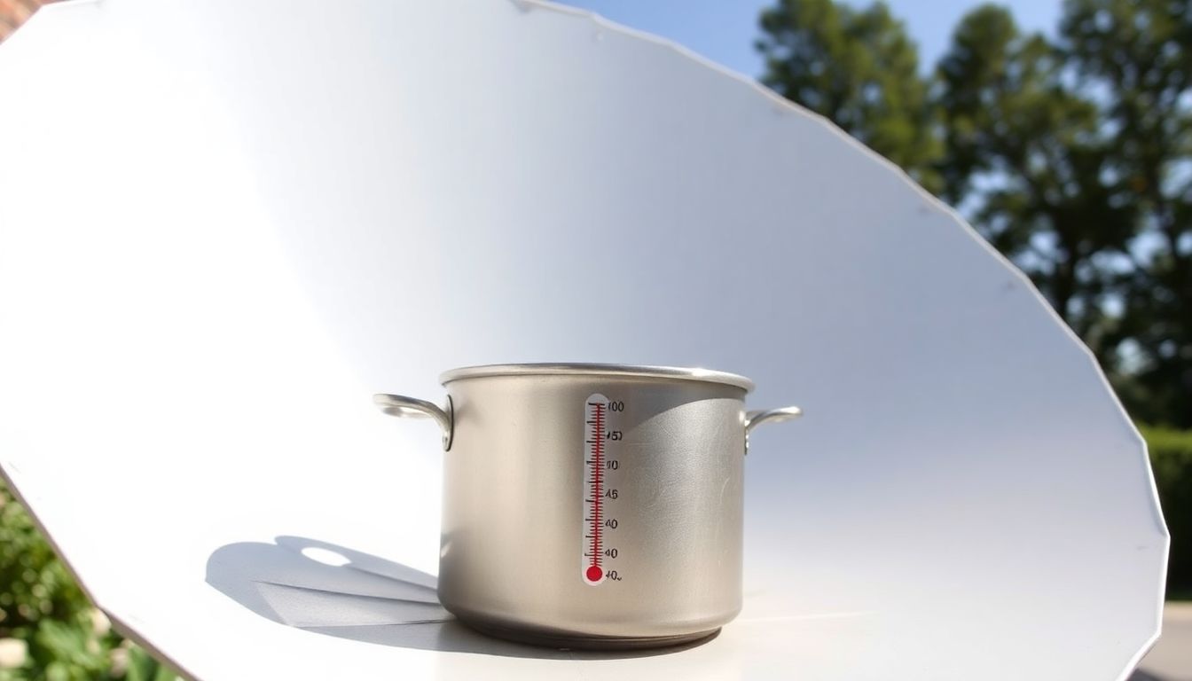 A photograph of a parabolic solar cooker, showing its curved surface and the pot at its focal point, with a thermometer indicating high temperatures.