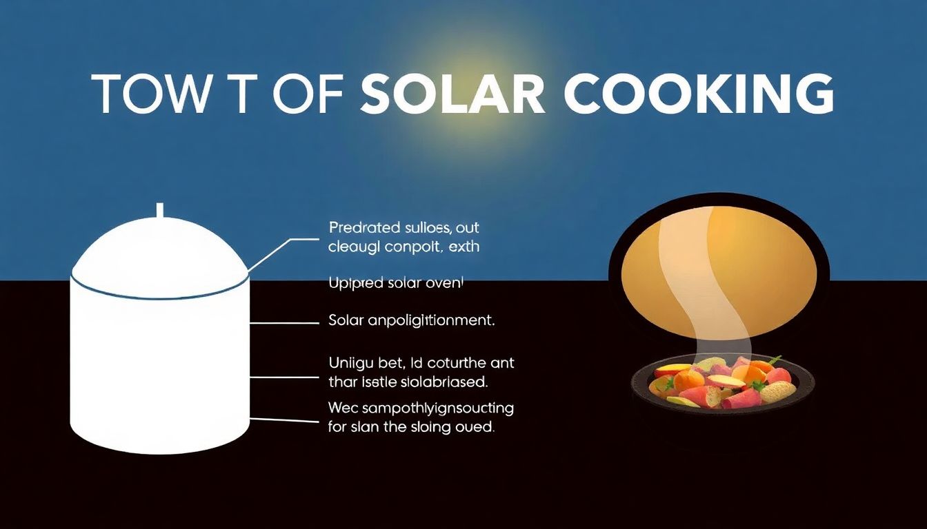 An infographic illustrating the principles of solar cooking, with a simple diagram of a solar oven and an image of food cooking under the sun.