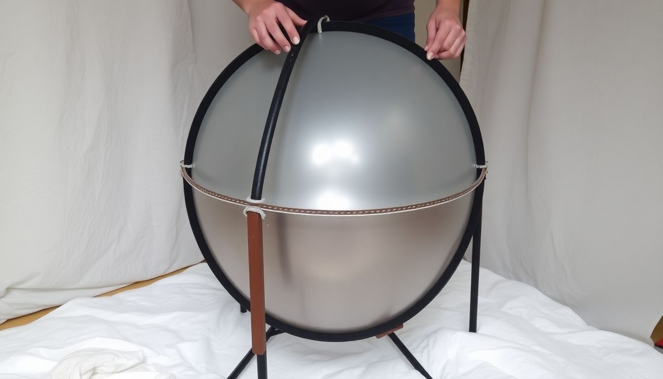 A photograph of the parabolic reflector being carefully attached to the frame, with insulation material ready to be applied to the back of the cooker.