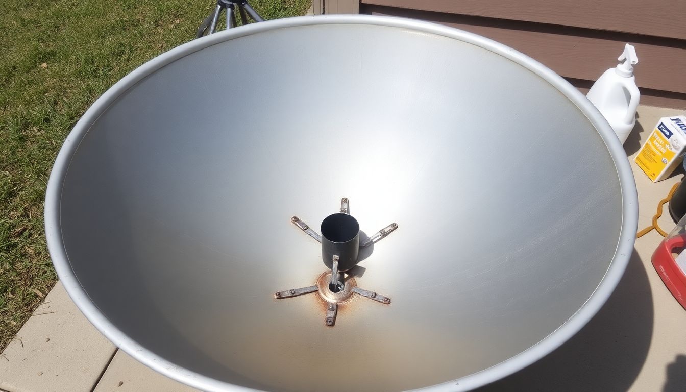 A photograph of a well-maintained parabolic solar cooker, with cleaning supplies and a storage solution in the background.