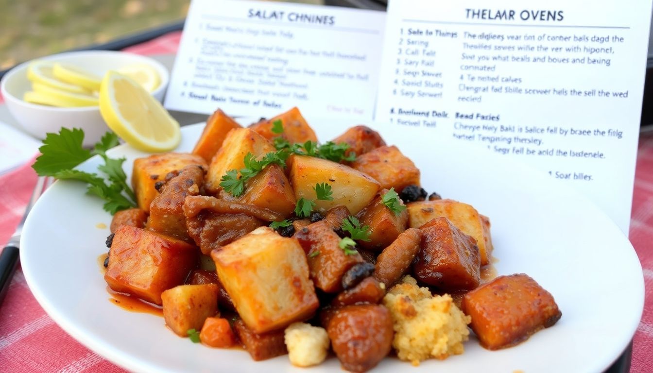 A mouth-watering photograph of a meal prepared using a solar oven, with a list of ingredients and cooking instructions in the background.