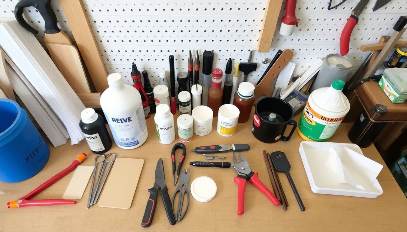 A well-organized collection of materials and tools needed for the project, laid out on a workbench or table.