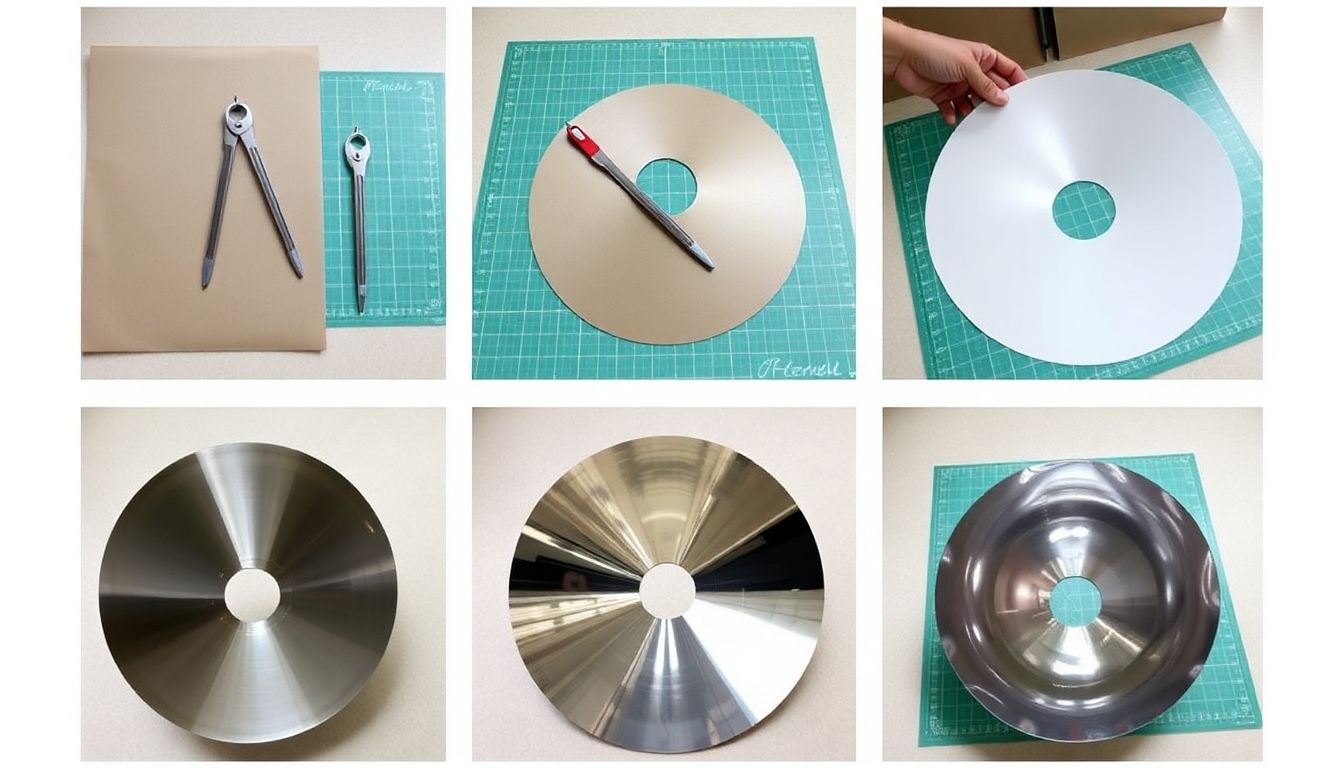 A series of images showing the process of creating a parabolic template using a compass and cardboard, followed by shaping the reflector material according to the template.