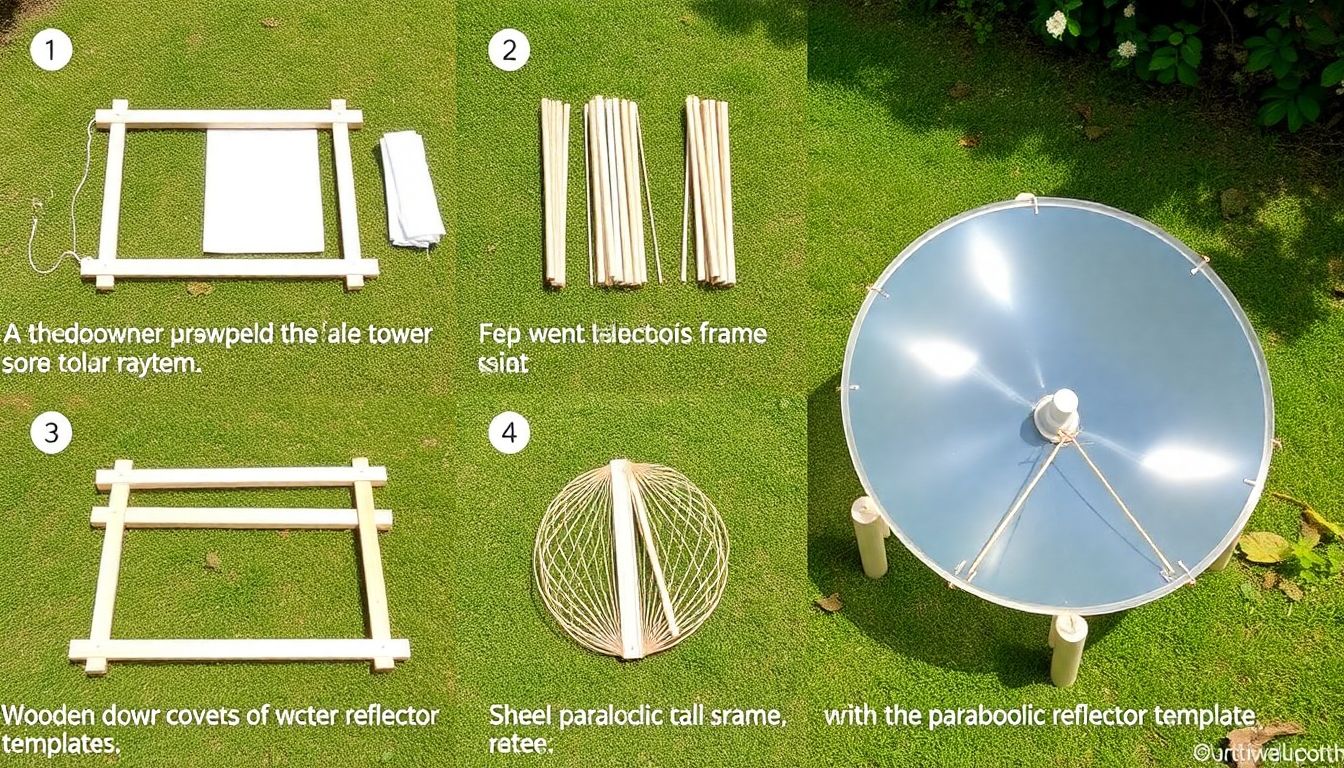 A step-by-step assembly of the solar cooker frame, using wooden dowels, string, and the parabolic reflector template as a guide.