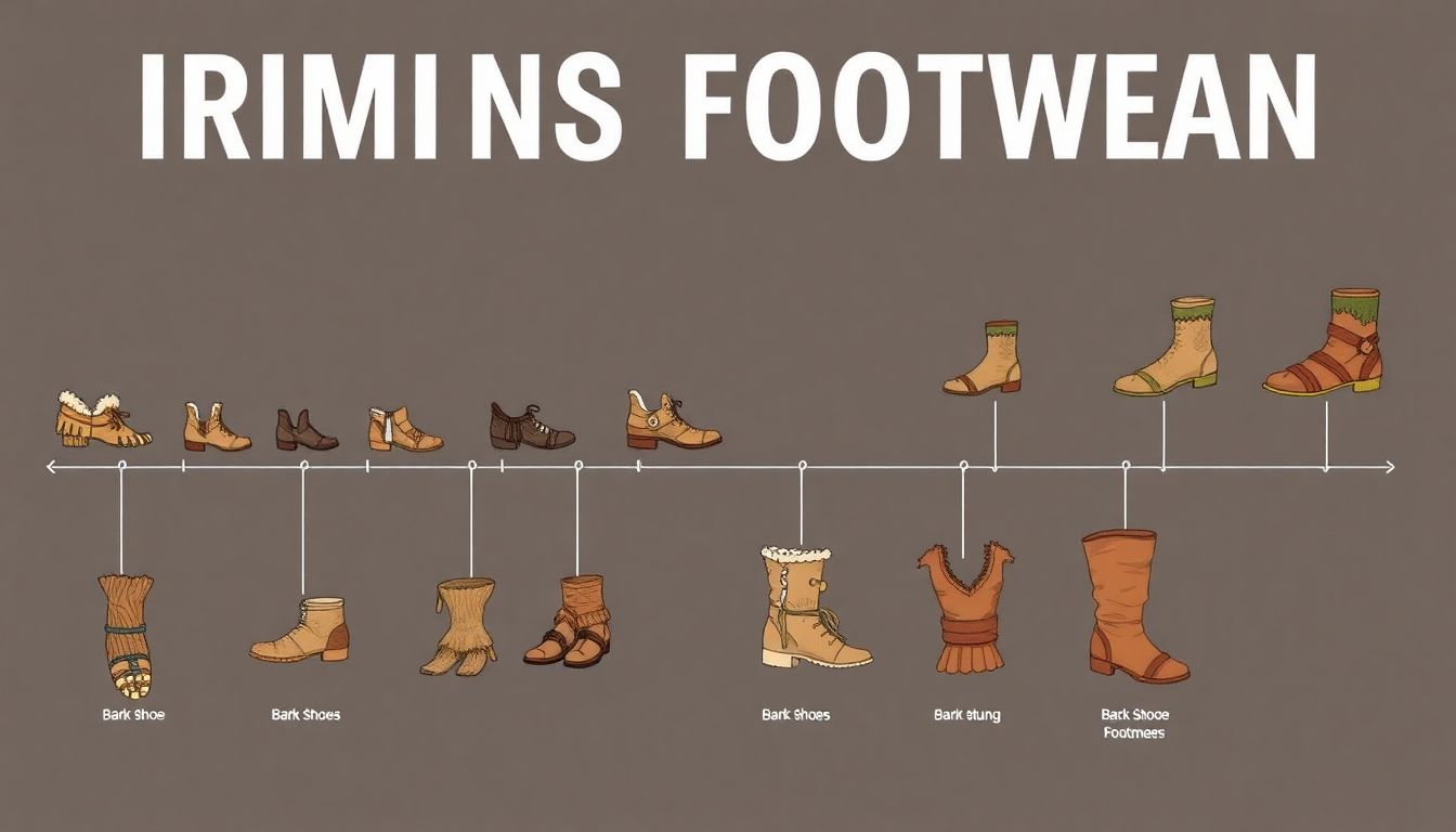 A timeline illustration of primitive footwear, showing the progression from bark shoes to boots, with various examples of each.