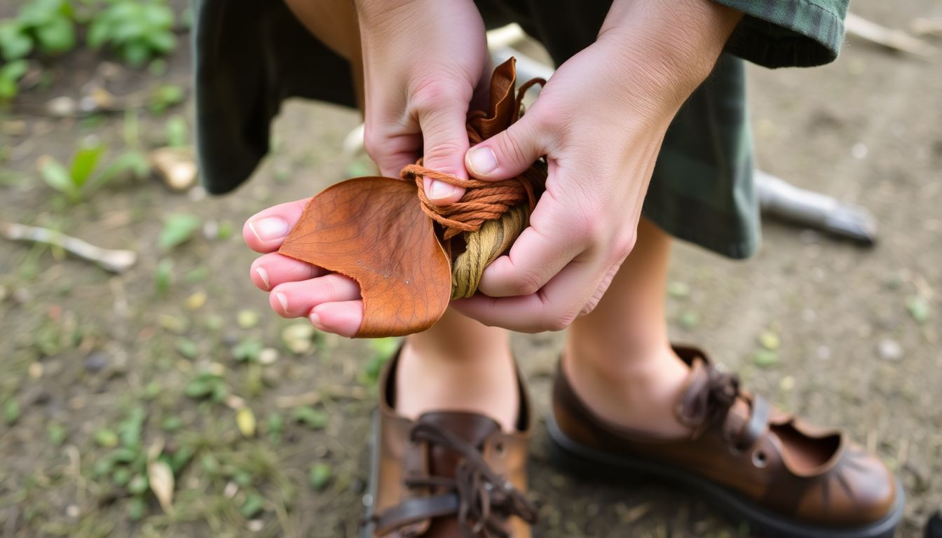 A person wrapping a piece of bark around a foot, with a completed vamp and a pair of bark shoes visible.