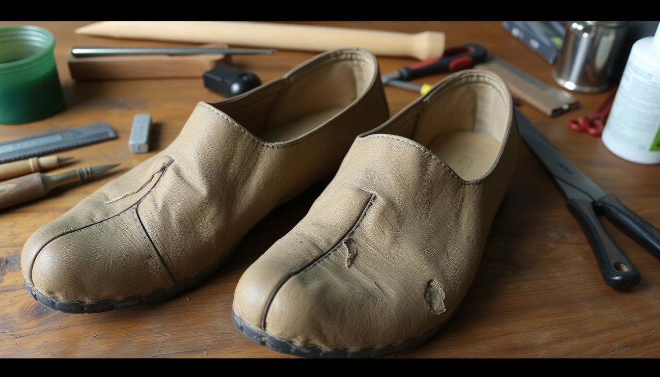 A pair of well-worn bark shoes, sitting on a wooden table, with tools and materials for maintenance visible.