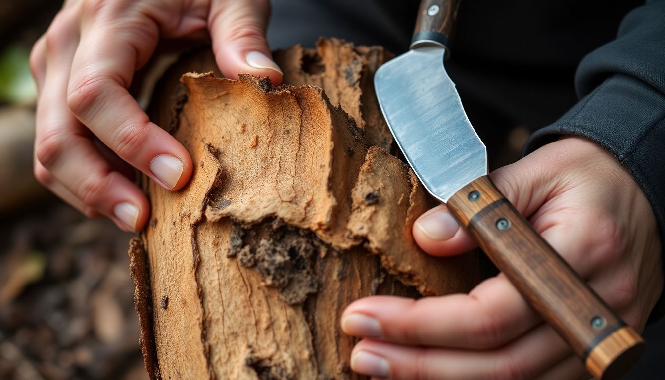 A close-up of hands scraping and softening a piece of bark, with tools like a sharp knife and a wooden scraper visible.