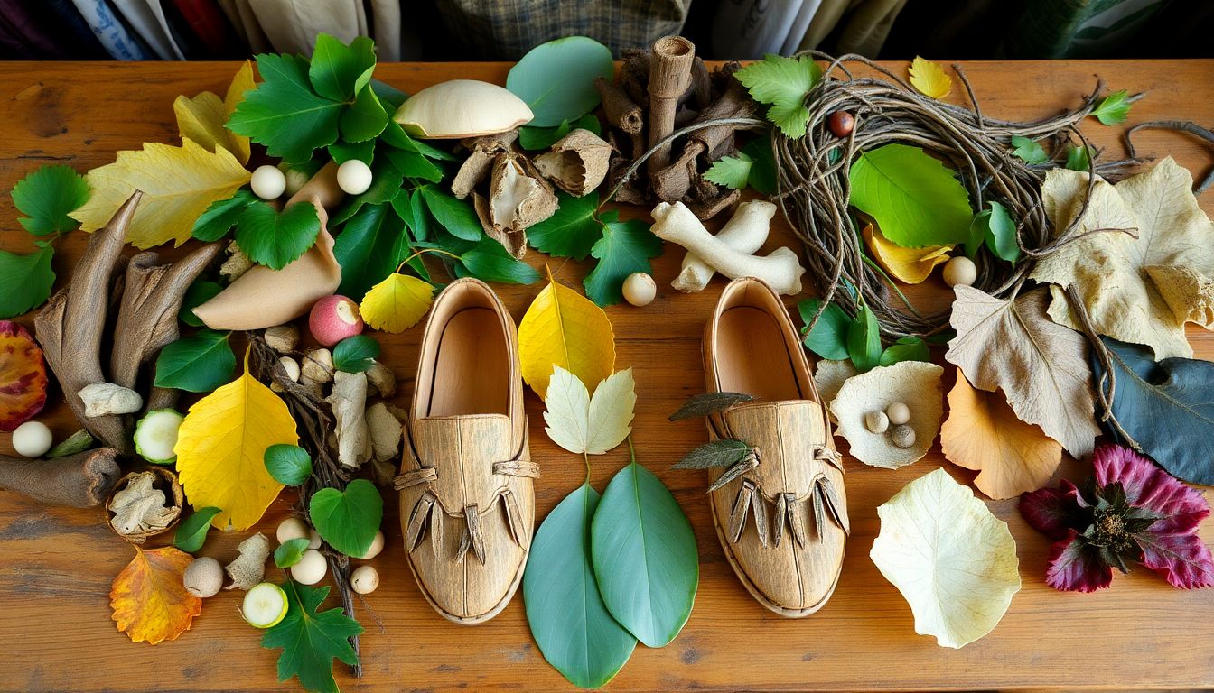 A diverse array of natural materials like tree bark, leaves, vines, and animal hides spread out on a wooden table, with a pair of bark shoes in progress.