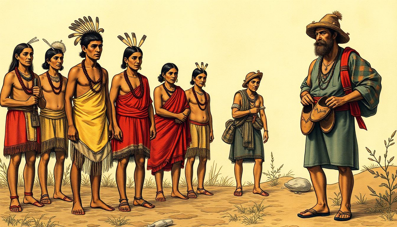 A historical illustration of indigenous people wearing traditional footwear, with a modern survivalist in the corner, holding a pair of bark shoes.