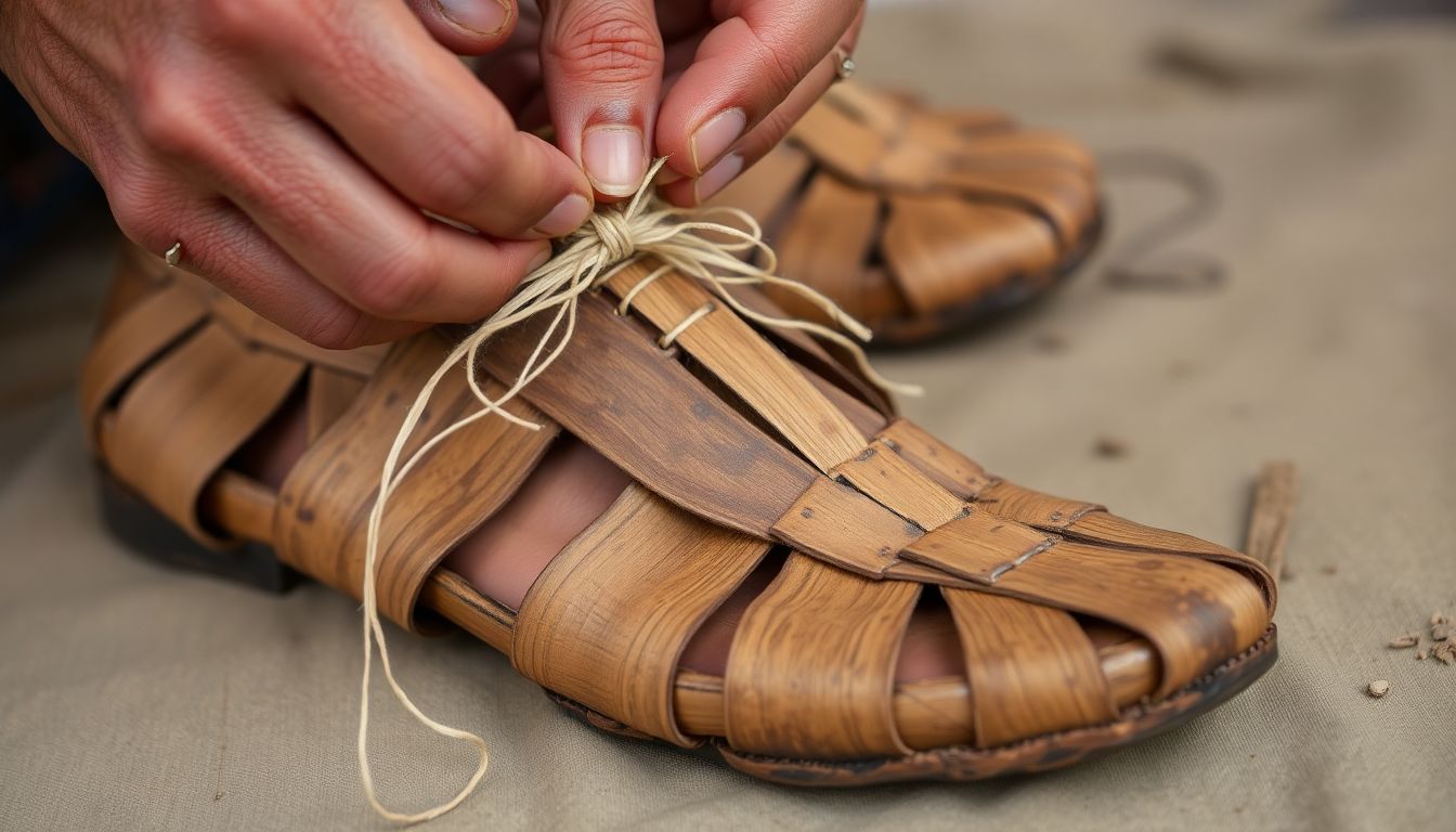 A close-up of a person sewing together pieces of bark using a plant fiber thread, with a completed pair of bark shoes in the background.