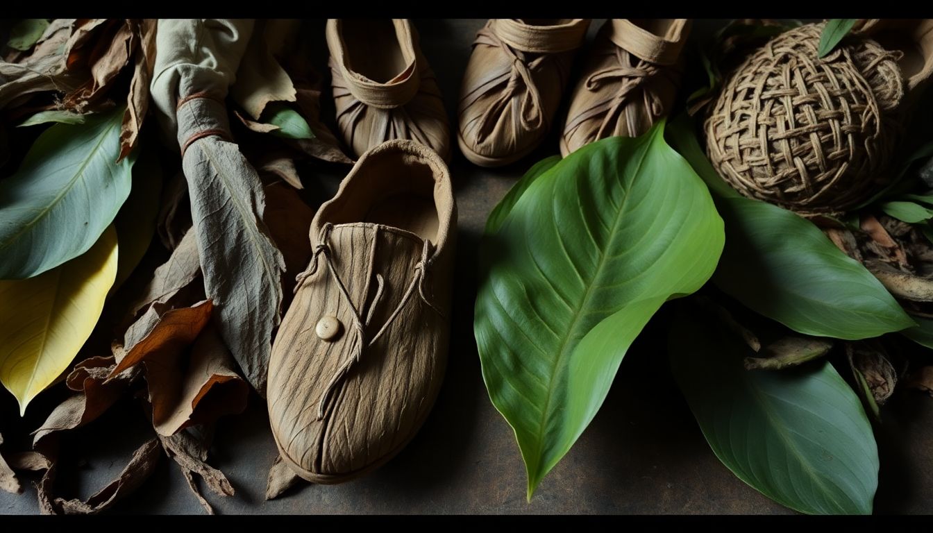 An array of natural materials like leaves, animal hides, and woven plant fibers, with a pair of bark shoes and other primitive footwear in the background.