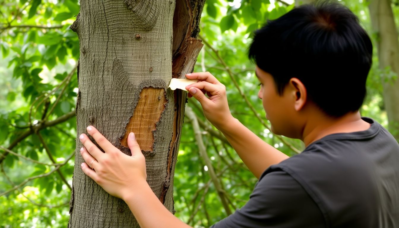 A person carefully peeling bark from a tree, with a respectful and mindful expression, surrounded by lush greenery.