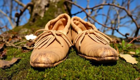 A close-up of a pair of handmade bark shoes, with a moccasin-style construction, sitting on a bed of moss and surrounded by natural materials like tree bark, leaves, and vines, under a clear blue sky.