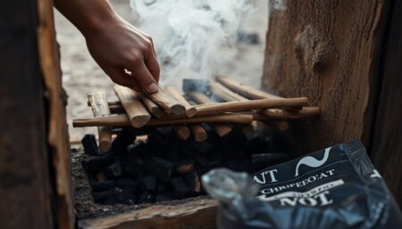 A close-up shot of a person's hands carefully arranging wooden sticks in a homemade kiln, with smoke rising in the background, and a bag of charcoal resting on the ground.