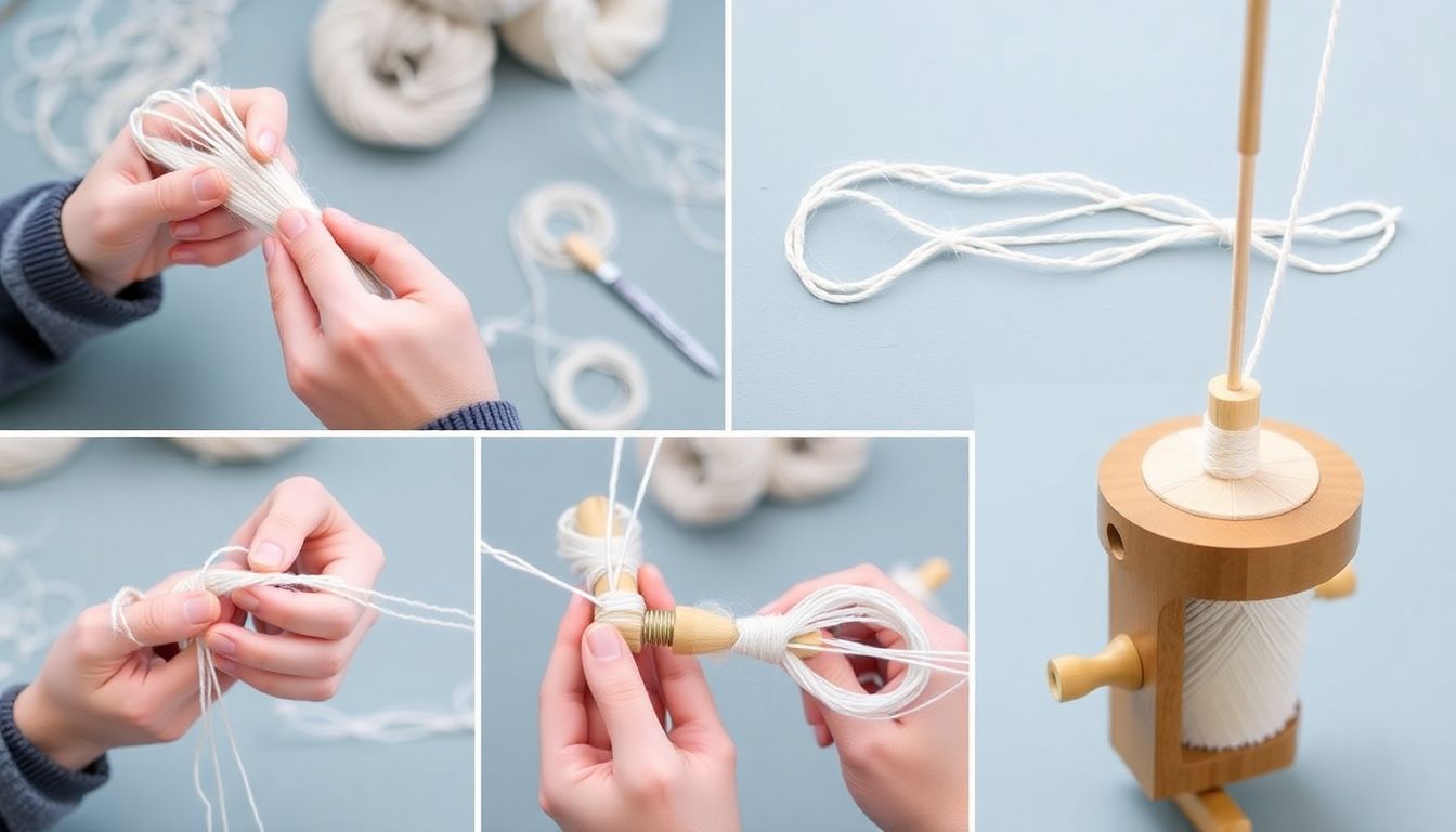 A series of photographs demonstrating the drafting, twisting, and plying techniques, with close-ups of the hands and drop spindle in action.