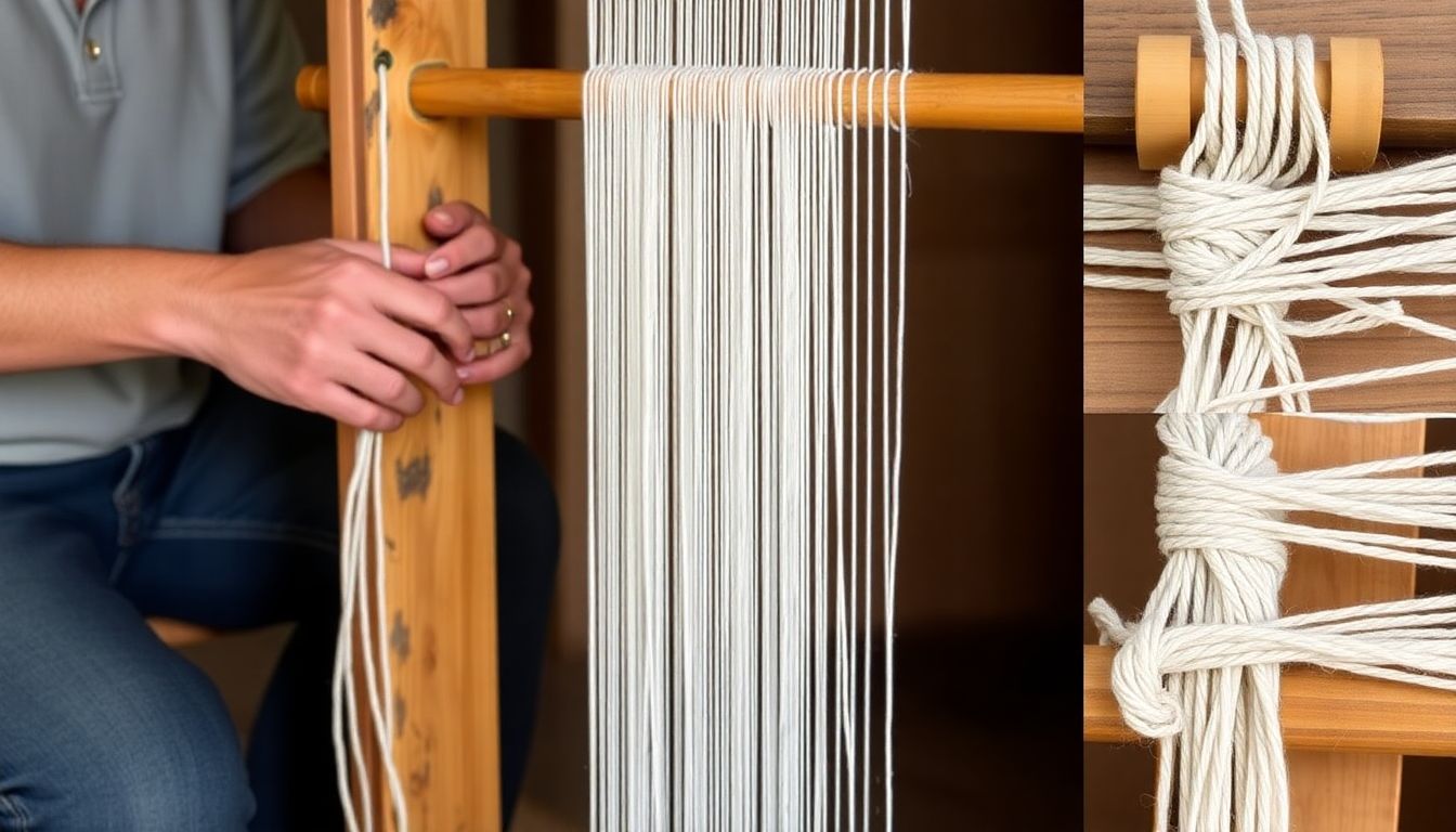 A photograph of a person winding a warp on a primitive loom, with close-ups of the loom's components and the warp threads.