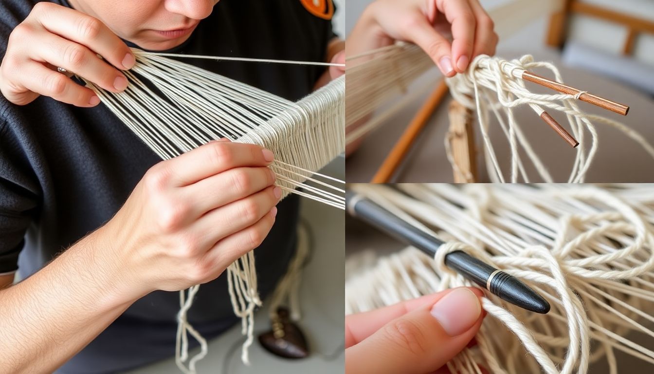 A photograph of a person demonstrating an advanced spinning or weaving technique, with close-ups of the tools and materials being used.