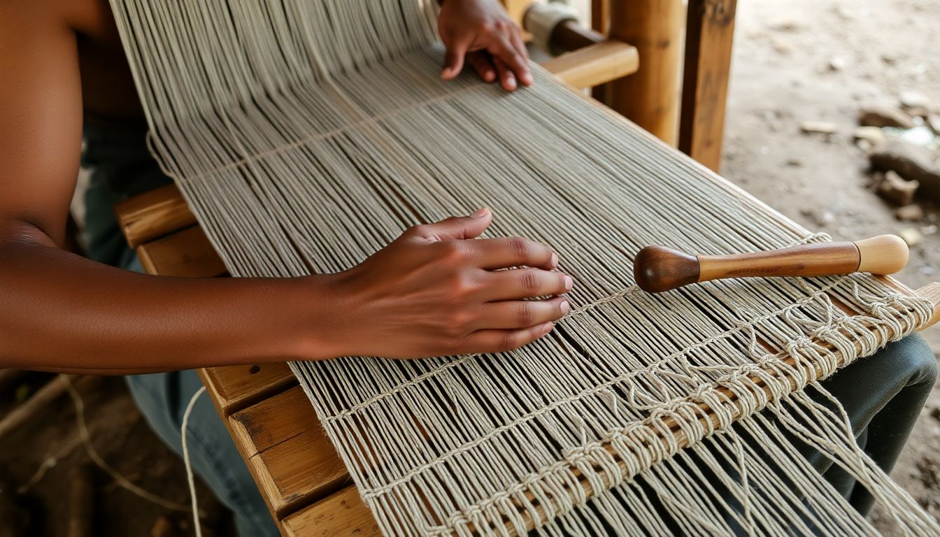 A photograph of a person weaving on a primitive loom, with close-ups of the cloth being created and the tools being used.