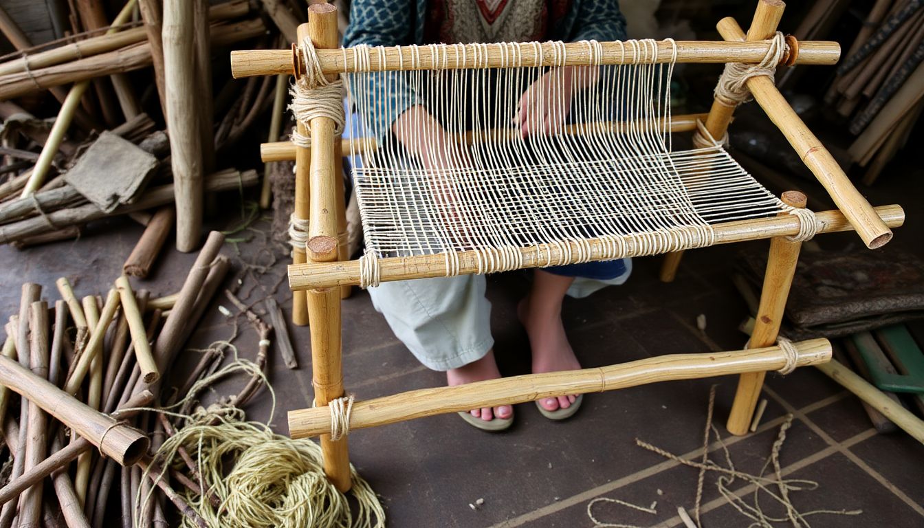 A photograph of a completed primitive loom, with a person weaving on it, surrounded by materials used in its construction (sticks, string, etc.).