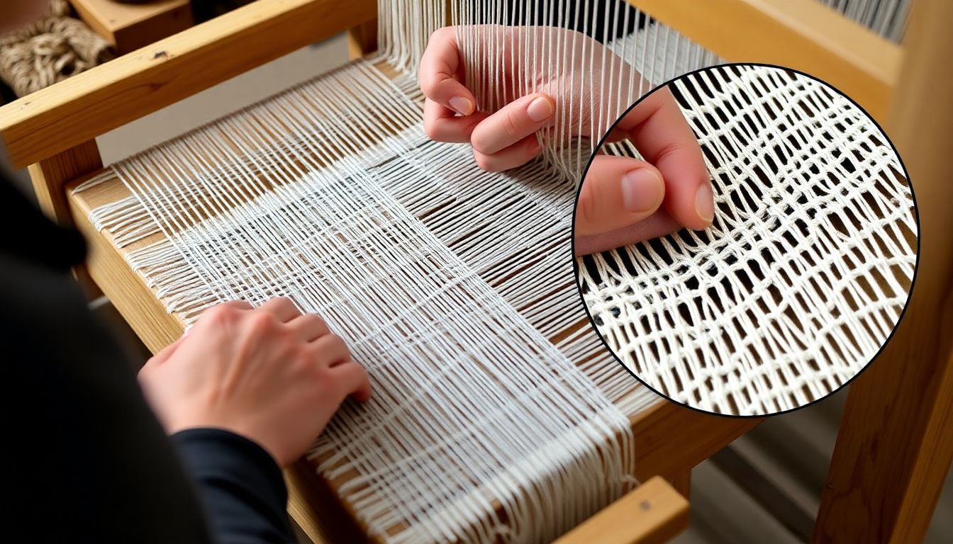 A photograph of a person troubleshooting a weaving issue on a primitive loom, with close-ups of the problem and the solution.