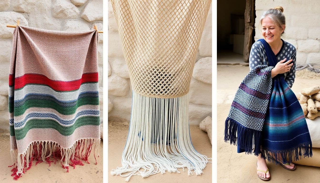 A photograph of handwoven fabric being used in various ways, such as a blanket, clothing, or a bag, with the person who wove it nearby.