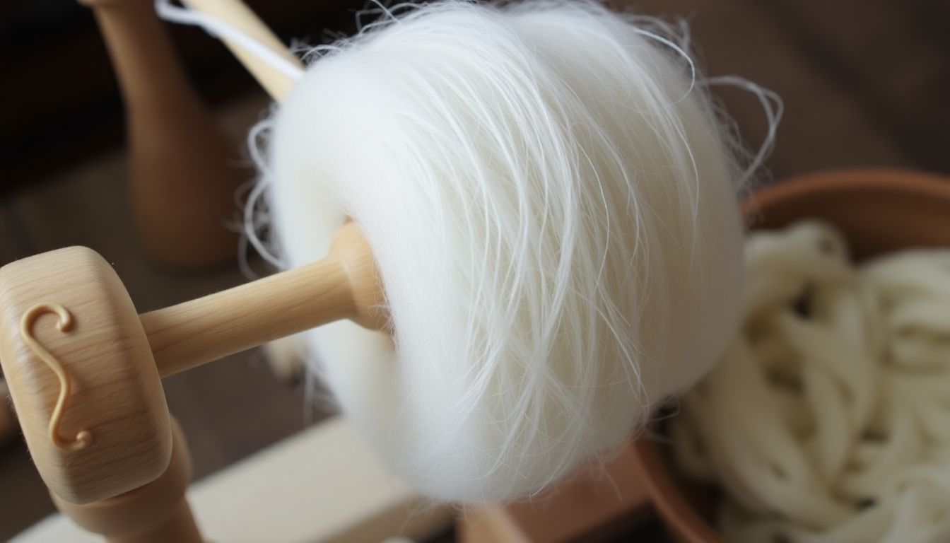 A photograph of a drop spindle in use, with a close-up of the whorl and hook, and a bowl of prepared fiber nearby.