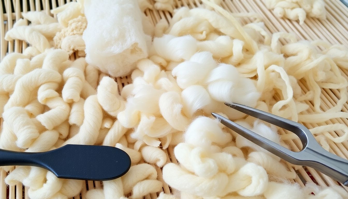 A close-up photograph of different types of fibers (wool, cotton, flax, etc.) being carded or combed, with tools and materials clearly visible.