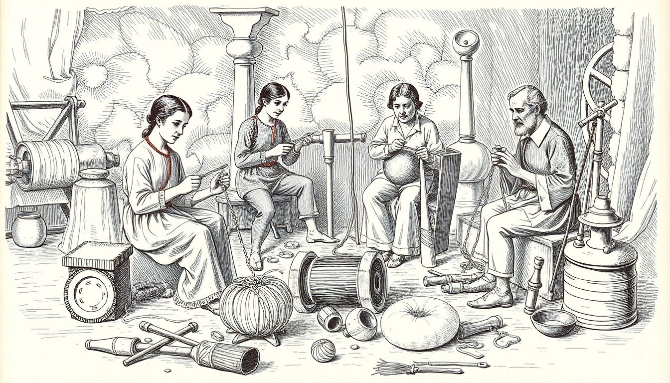 A historical illustration or photograph showing people spinning fiber by hand, surrounded by tools and materials used in the process.