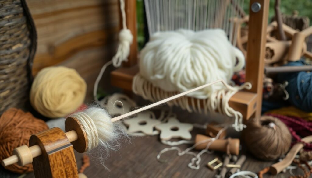 A close-up photograph of a hand spinning wool on a drop spindle, with a primitive loom in the background, surrounded by various fibers and tools, all set against a rustic, natural backdrop.