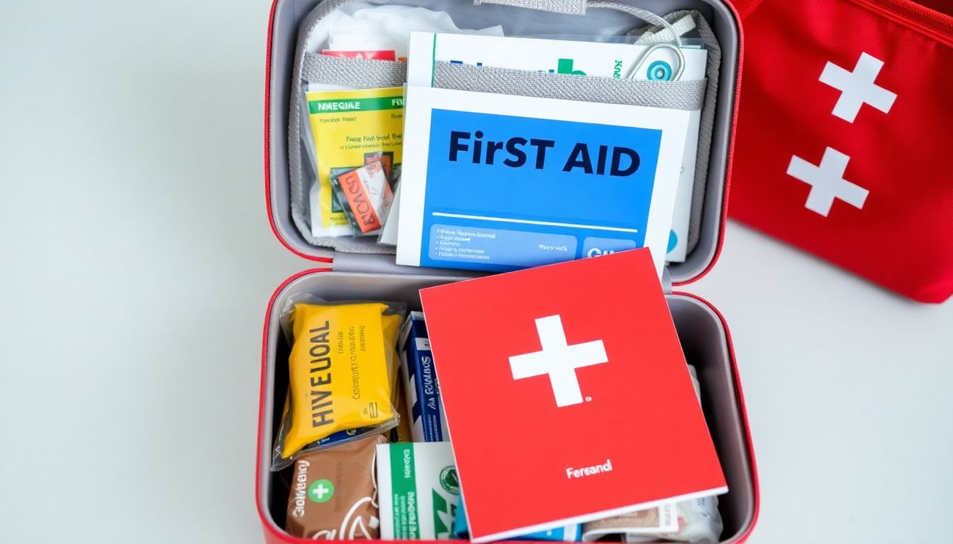 A well-organized first aid kit, open to reveal its contents, with a first aid manual placed on top.