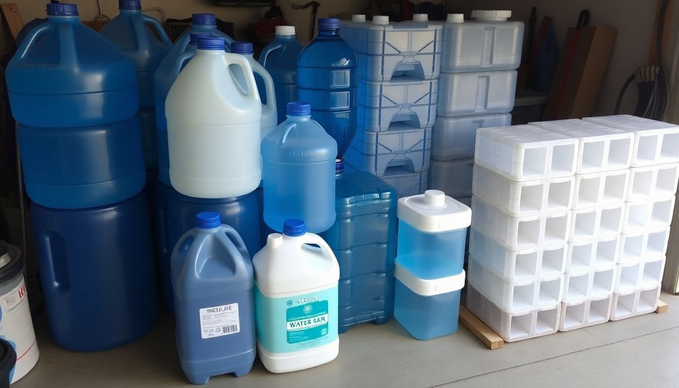 A variety of water containers, ranging from gallon jugs to large, stackable water bricks, neatly arranged in a garage.