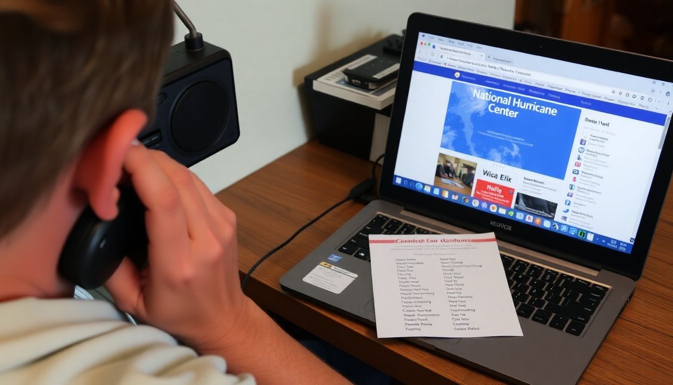 A person listening to a portable radio, with a laptop open to the National Hurricane Center's website, and a printout of local emergency contact numbers nearby.