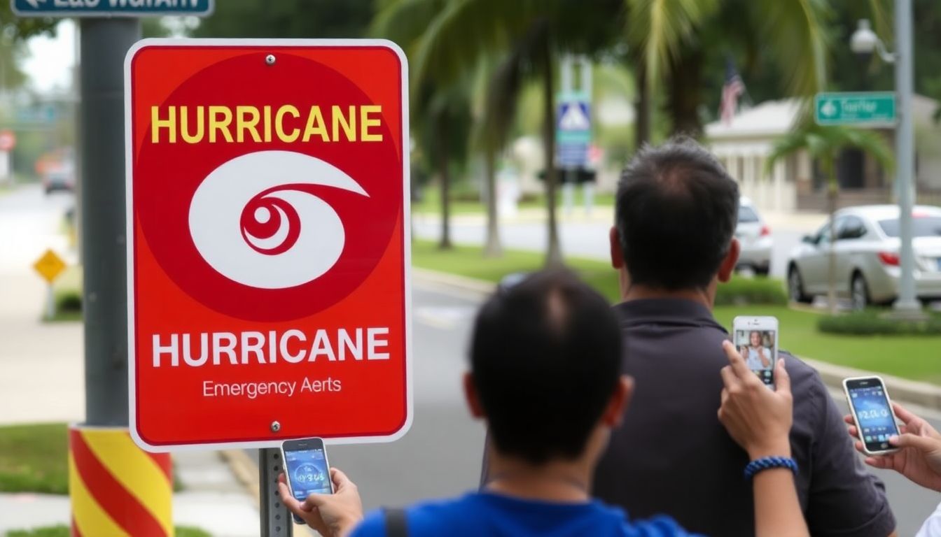 A hurricane warning sign posted on a street, with people paying attention to their phones, receiving emergency alerts.