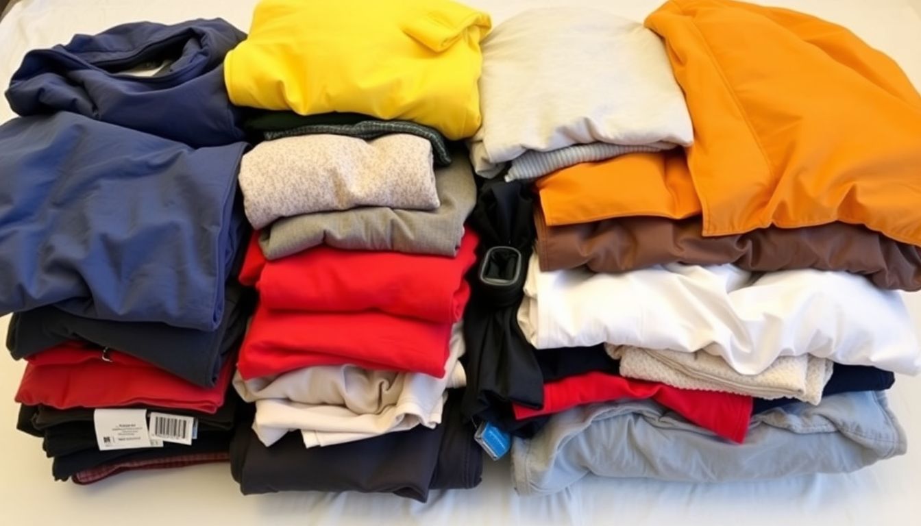 A neatly folded pile of clothing and bedding, including rain ponchos, blankets, and extra changes of clothes, ready to be packed in a disaster kit.