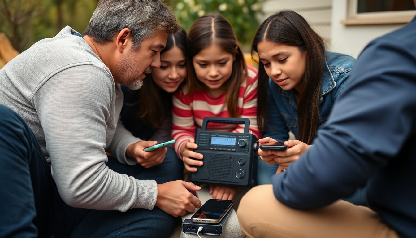 A family huddled around a portable radio, listening to emergency updates, with fully charged cell phones and a portable charger nearby.