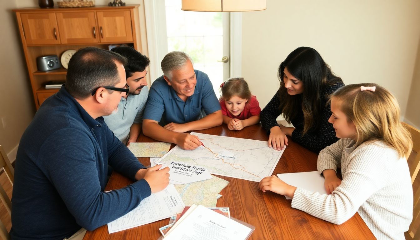 A family gathered around a table, discussing their emergency plan and marking evacuation routes on a map.