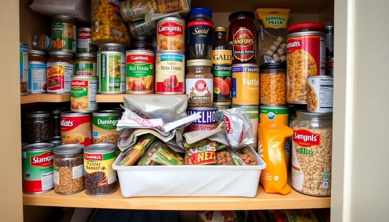 A well-stocked pantry filled with canned goods, dried fruits, nuts, and other non-perishable food items, ready for a hurricane.