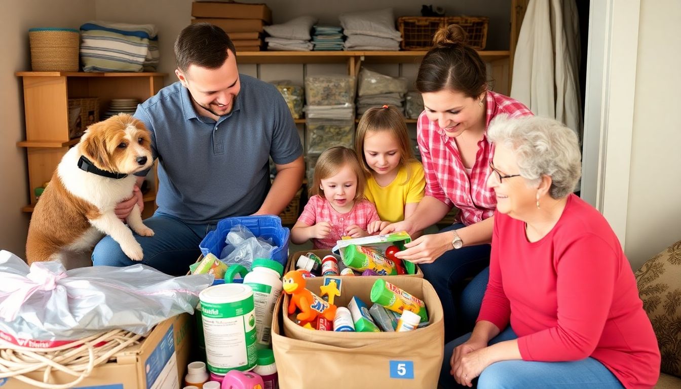 A family preparing their disaster kit, with pet supplies, children's toys, and medications for their elderly parent clearly visible.