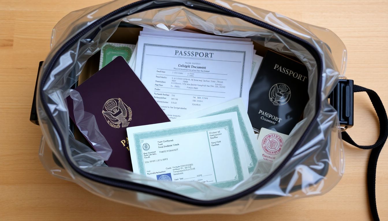 A waterproof, sealed container filled with important documents, such as passports, insurance cards, and birth certificates.